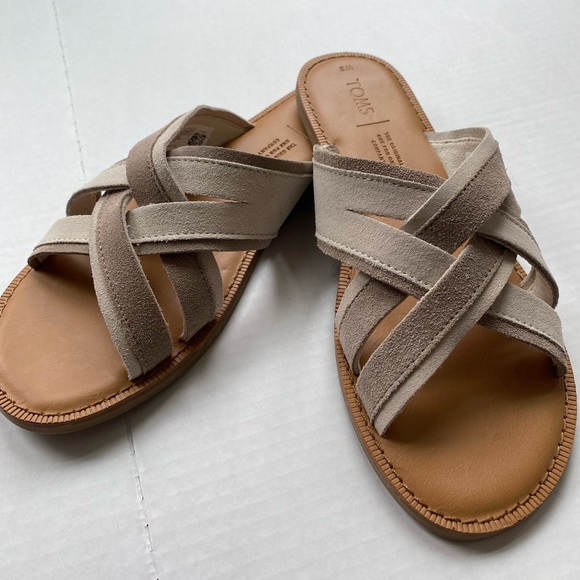Toms Women Val Desert Taupe Suede Crisscross Strap Open Toe Slide Sandal Size 8 - Picture 2 of 6